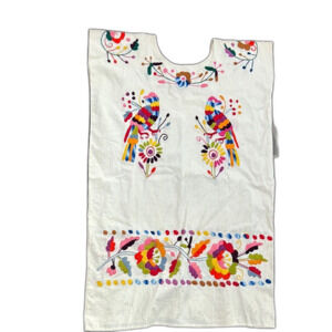 Mexican Linen Dress Colorful Parrot Floral Embroider Tunic Vacation Traditional